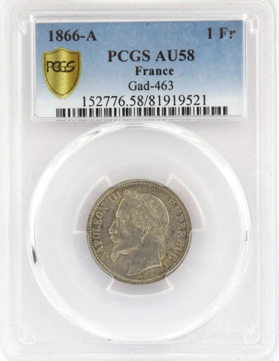 FRANCE, monnaie 1 Franc Napoléon III Empereur 1866 PCGS AU58