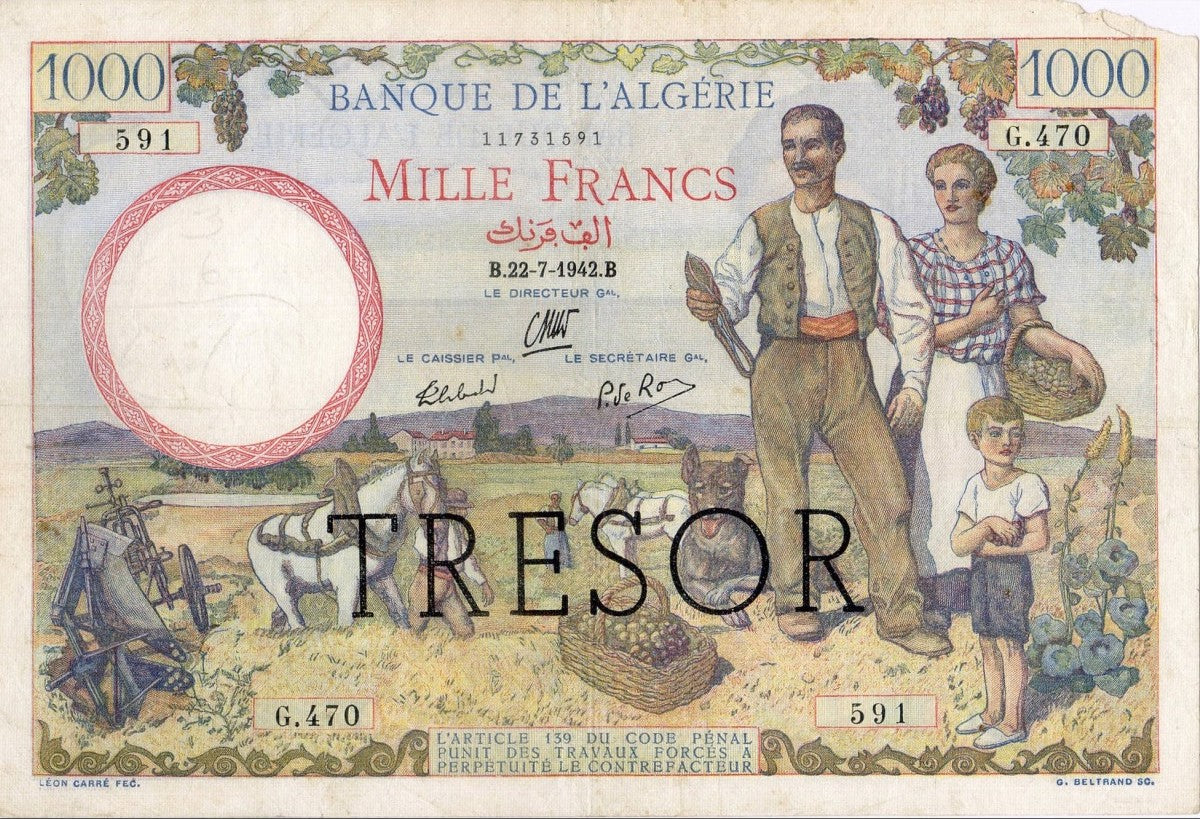 ALGÉRIE, billet 1000 Francs TRÉSOR 1942 P.112a