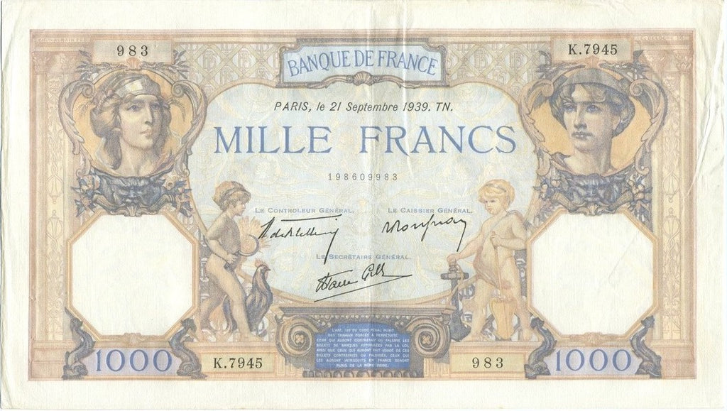 FRANCE, billet 1000 Francs CÉRÈS & MERCURE 1939 F.38.37