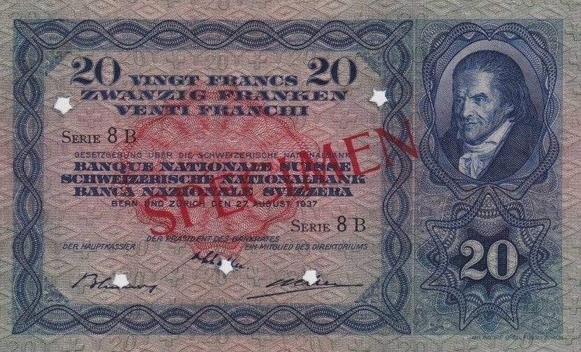 SUISSE, billet 20 Francs Spécimen 1937 P.39f