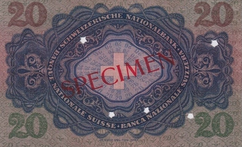 SUISSE, billet 20 Francs Spécimen 1937 P.39f