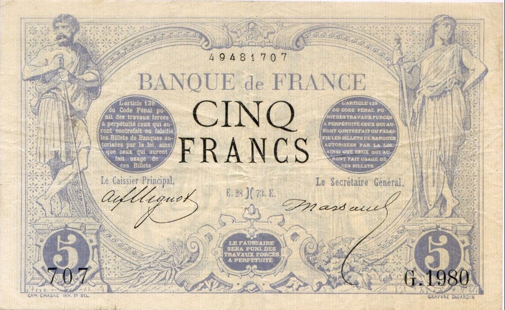 FRANCE, billet 5 Francs NOIR 1873 F.1.15